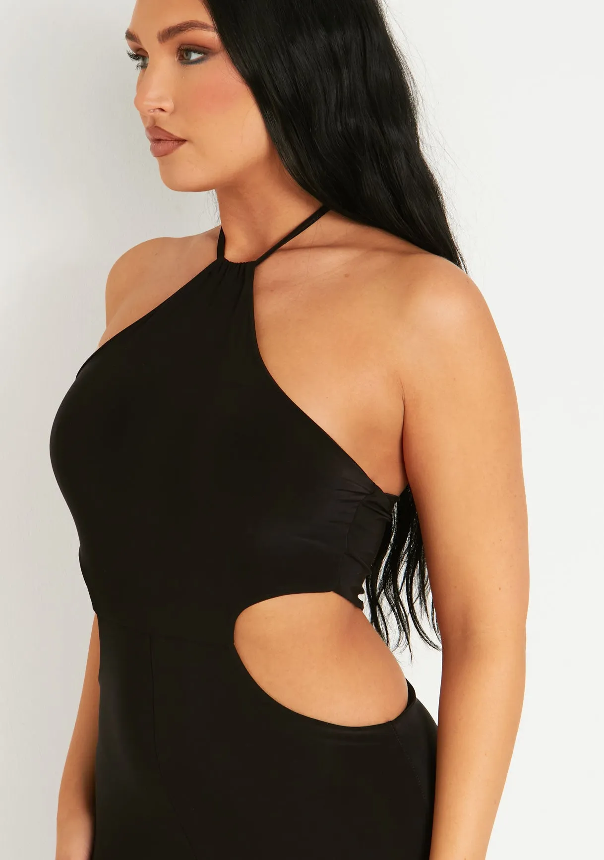 Laurie Black Halter Double Layer Slinky Cut Out Jumpsuit