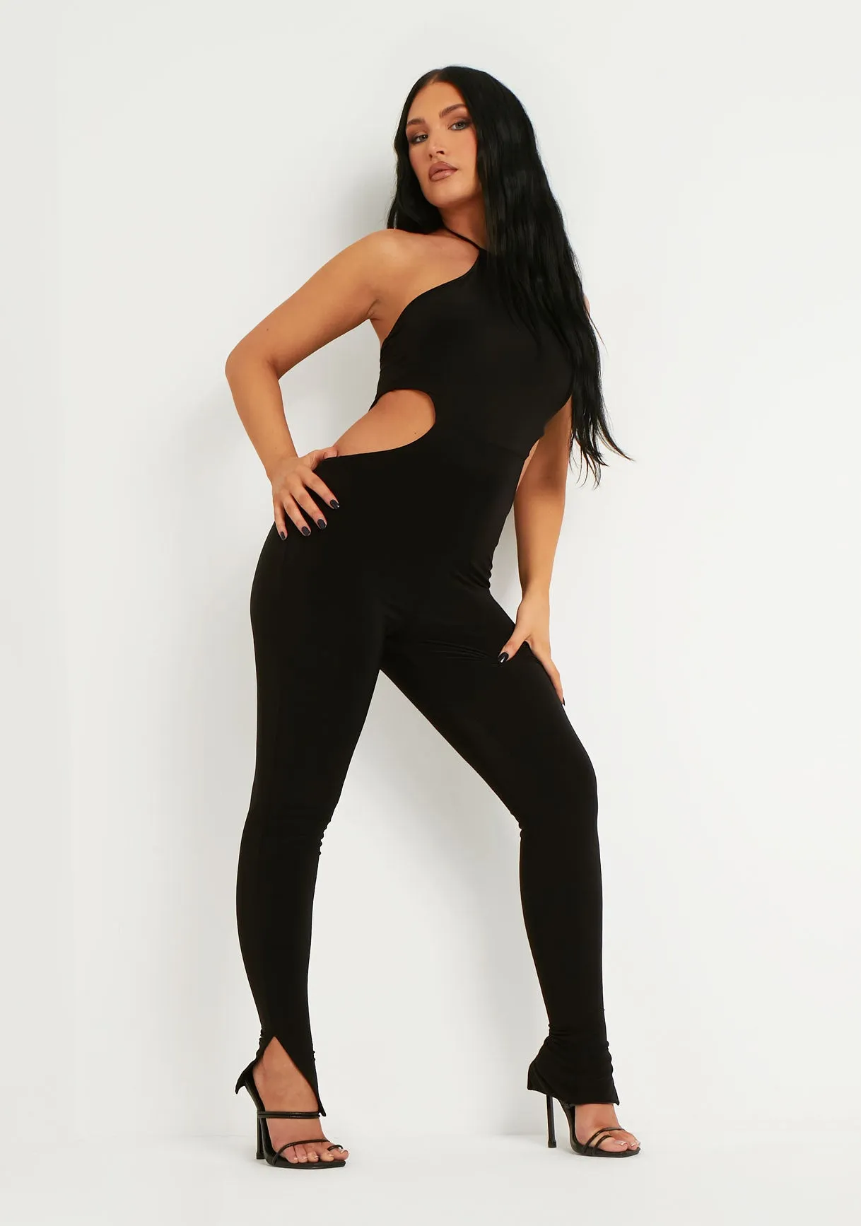 Laurie Black Halter Double Layer Slinky Cut Out Jumpsuit