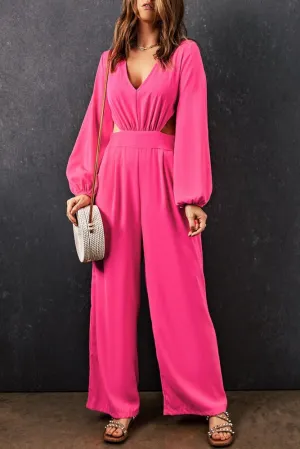 Long Balloon Sleeve Cutout Hot Pink Jumpsuit