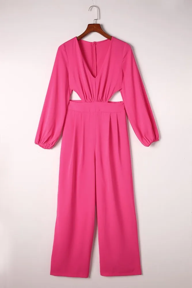 Long Balloon Sleeve Cutout Hot Pink Jumpsuit