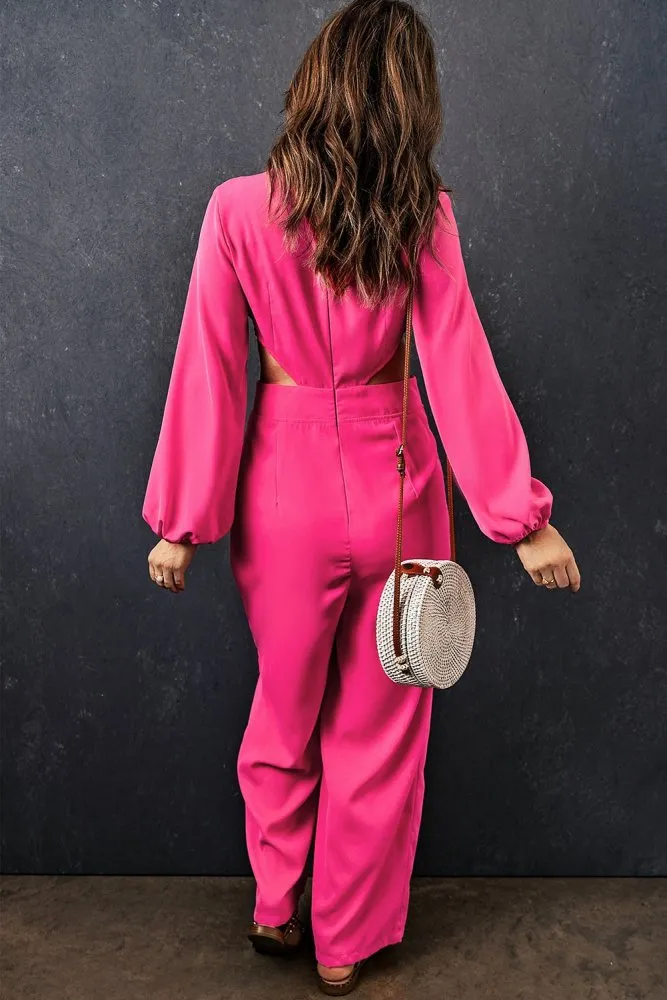 Long Balloon Sleeve Cutout Hot Pink Jumpsuit