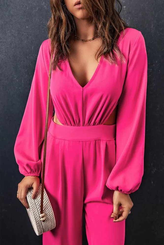 Long Balloon Sleeve Cutout Hot Pink Jumpsuit