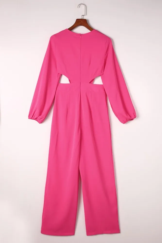 Long Balloon Sleeve Cutout Hot Pink Jumpsuit