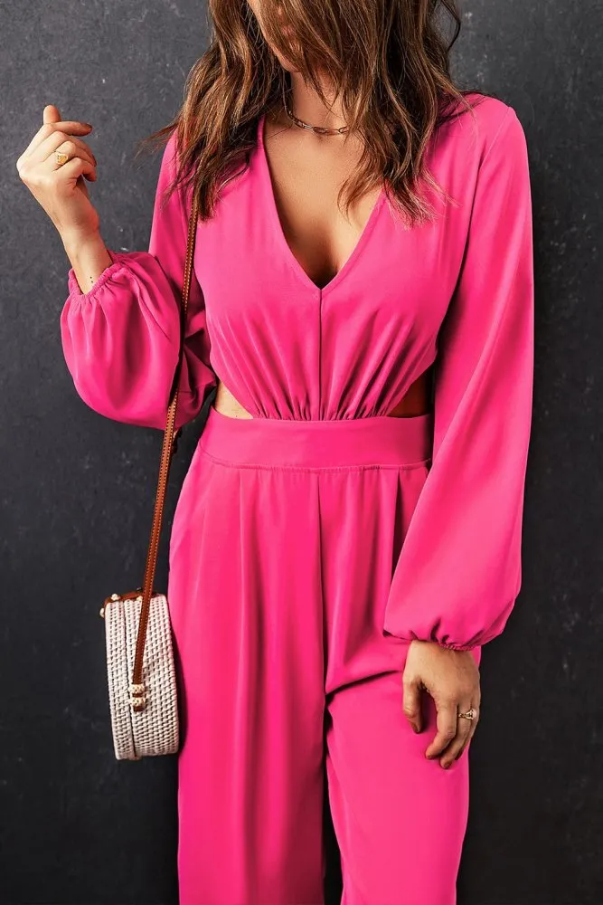 Long Balloon Sleeve Cutout Hot Pink Jumpsuit