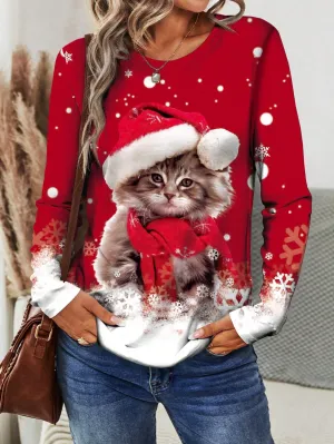 Long sleeve printed t shirts|Women's Cute Cat Graphic Print Long Sleeve T-Shirt