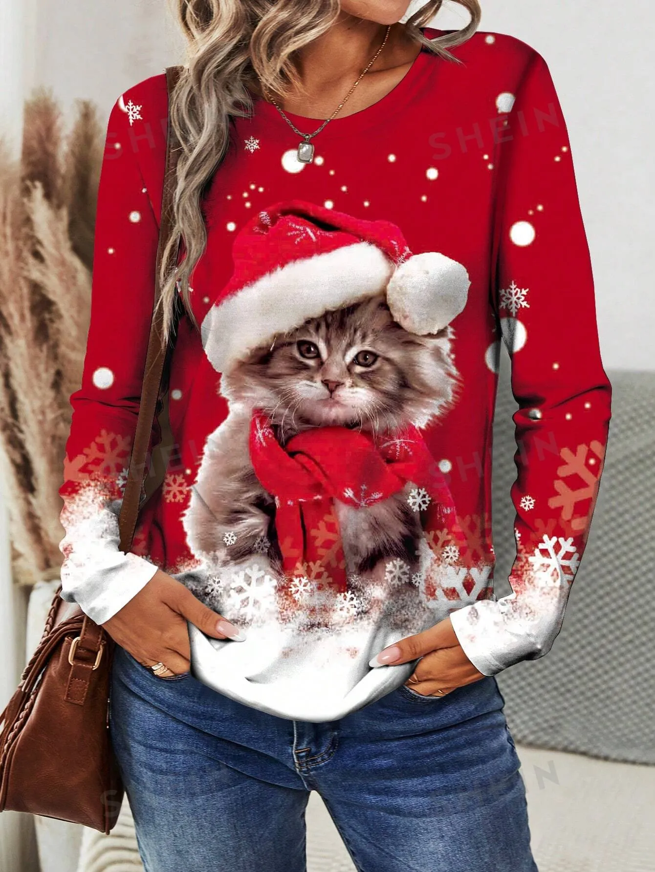 Long sleeve printed t shirts|Women's Cute Cat Graphic Print Long Sleeve T-Shirt