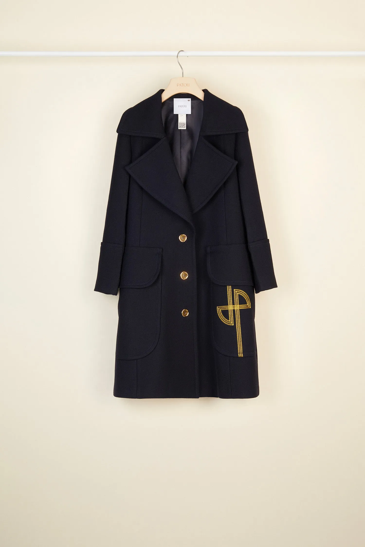 Longline wool coat with embroidered logo