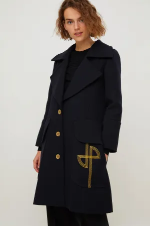 Longline wool coat with embroidered logo