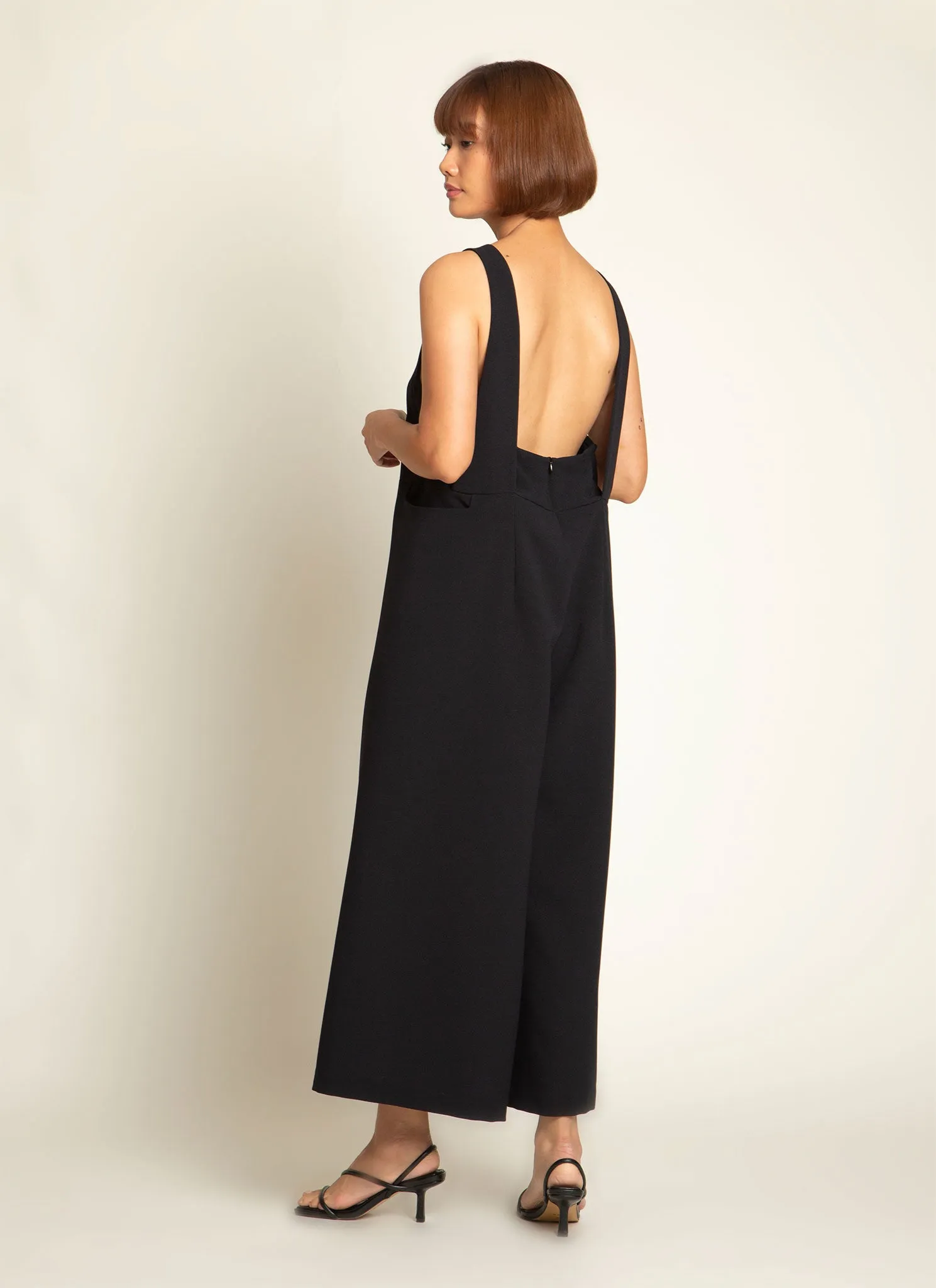 Mỹ A Open Back Pocket Jumpsuit in Black Blue