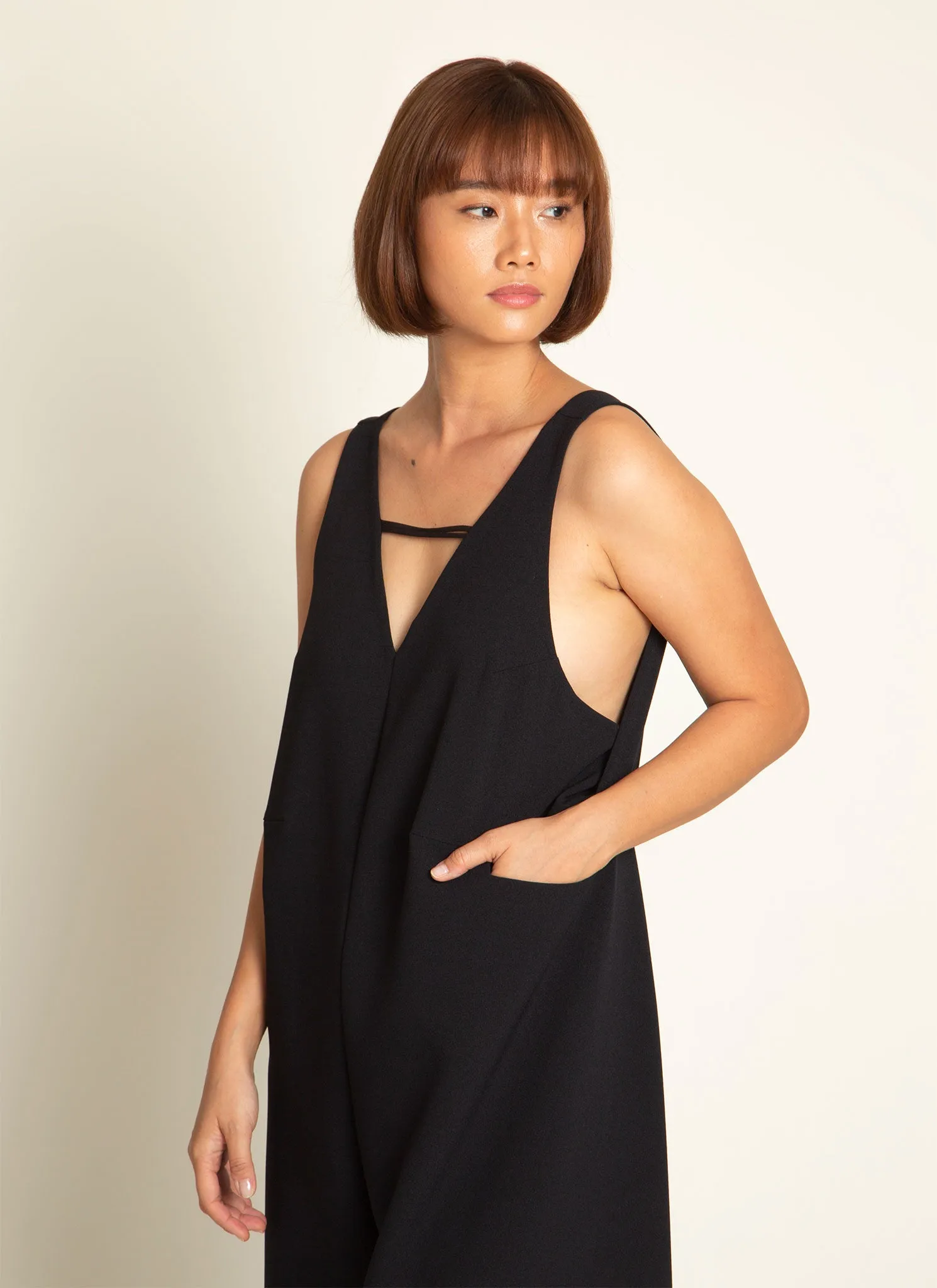 Mỹ A Open Back Pocket Jumpsuit in Black Blue