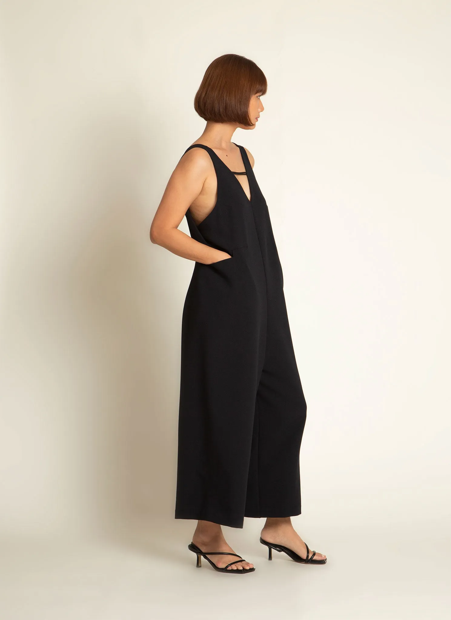 Mỹ A Open Back Pocket Jumpsuit in Black Blue