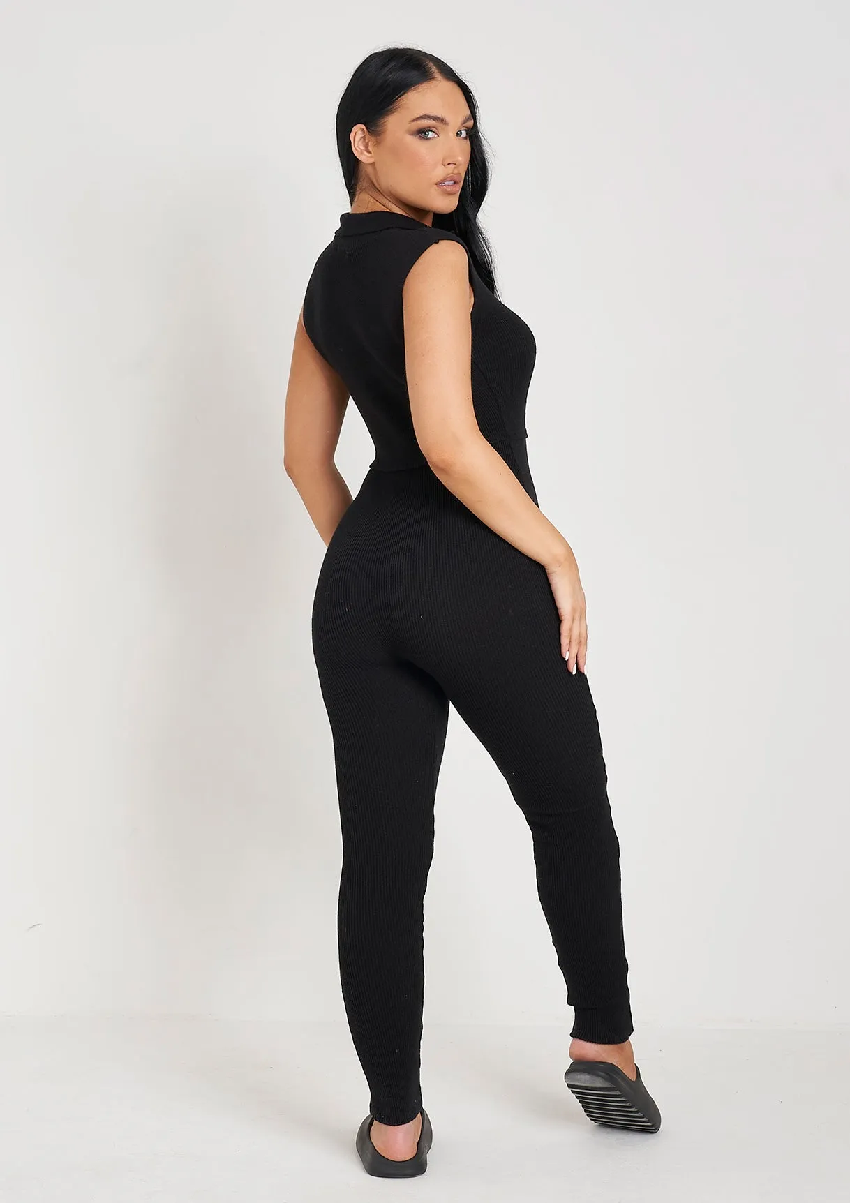 Marli Black Knitted Button Front Sleeveless Jumpsuit