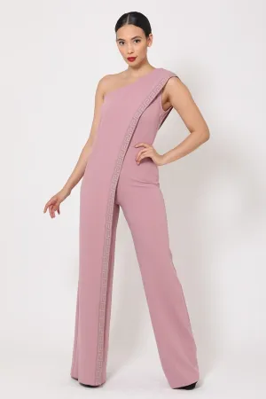 Mauve One Shoulder Greek Border Pattern Jumpsuit