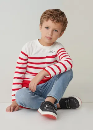 Mayoral 3024 023 - Cream Red Long Sleeve Stripe T-Shirt