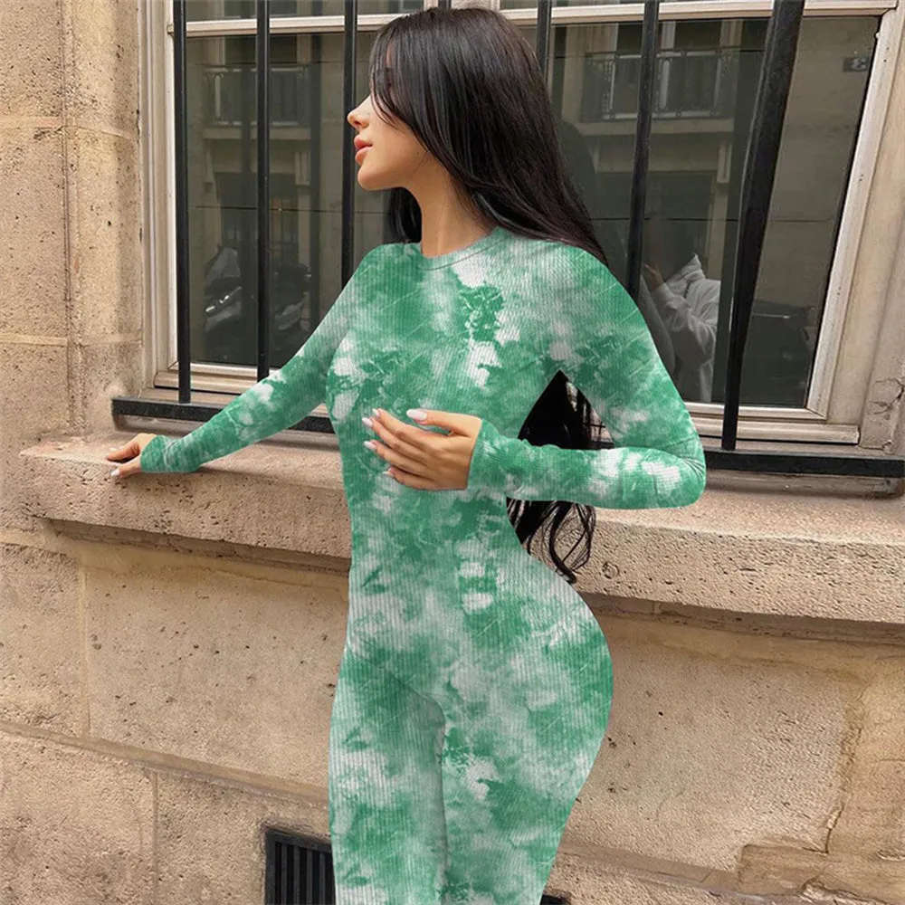 MB FASHION Abstract Pattern Long-Sleeve Bodycon Full-Length Jumpsuit 3691LY