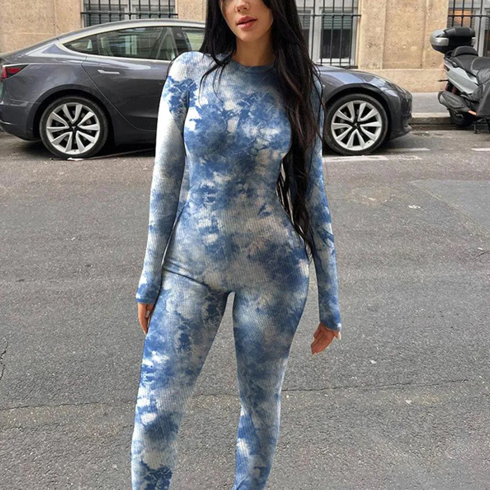 MB FASHION Abstract Pattern Long-Sleeve Bodycon Full-Length Jumpsuit 3691LY