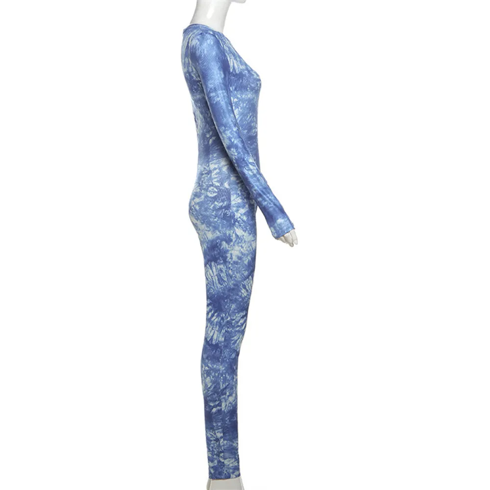 MB FASHION Abstract Pattern Long-Sleeve Bodycon Full-Length Jumpsuit 3691LY