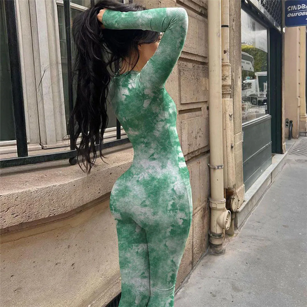 MB FASHION Abstract Pattern Long-Sleeve Bodycon Full-Length Jumpsuit 3691LY