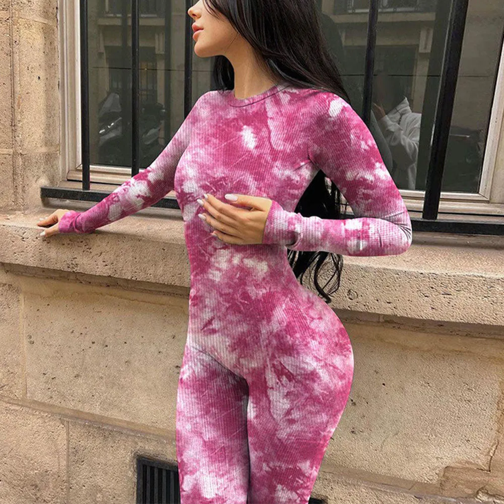 MB FASHION Abstract Pattern Long-Sleeve Bodycon Full-Length Jumpsuit 3691LY
