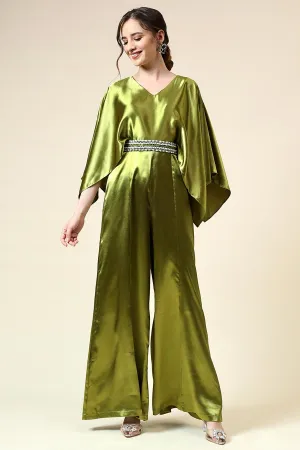 Metallic Green Jumpsuit With Embellished Belt