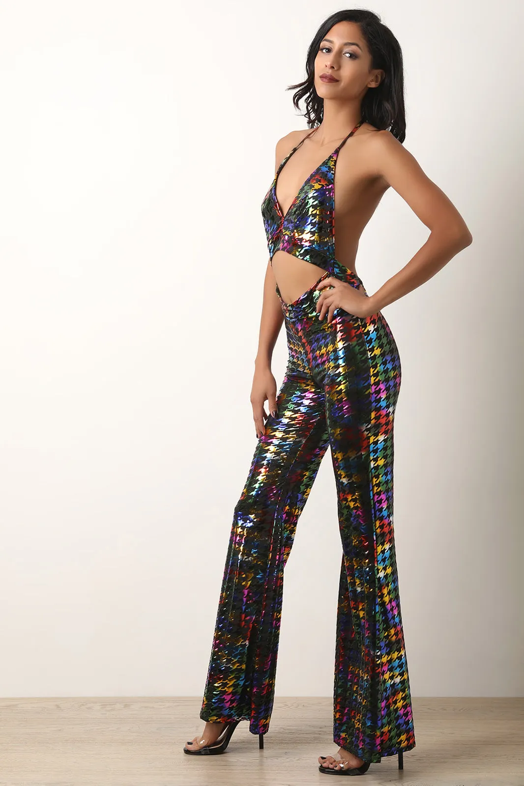 Metallic Houndstooth Backless Halter Flare Jumpsuit