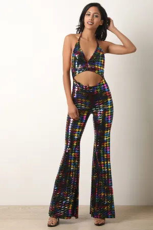 Metallic Houndstooth Backless Halter Flare Jumpsuit