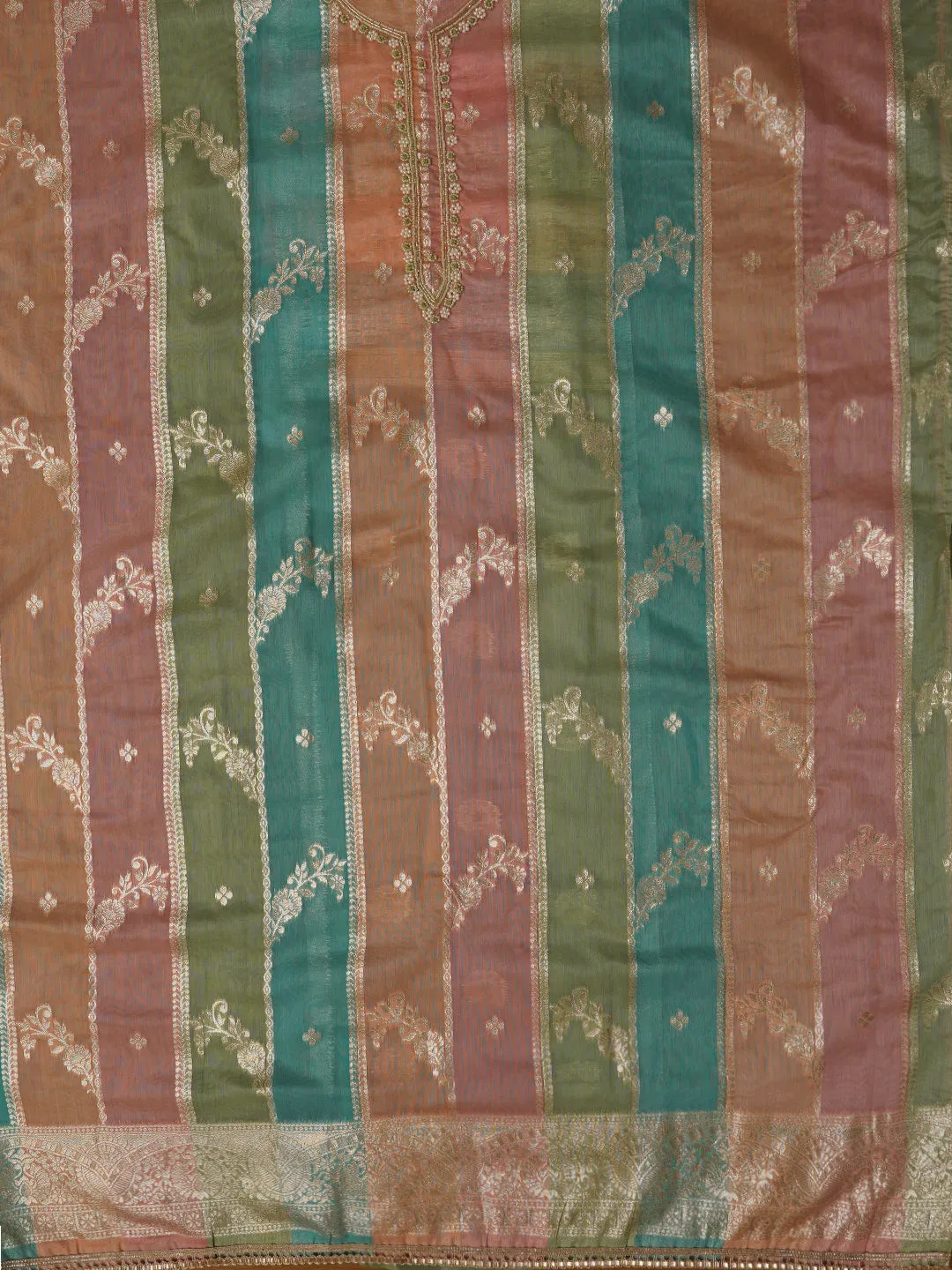 Multicolor Zari Woven Silk Blend Embellished Dress Material With Dupatta