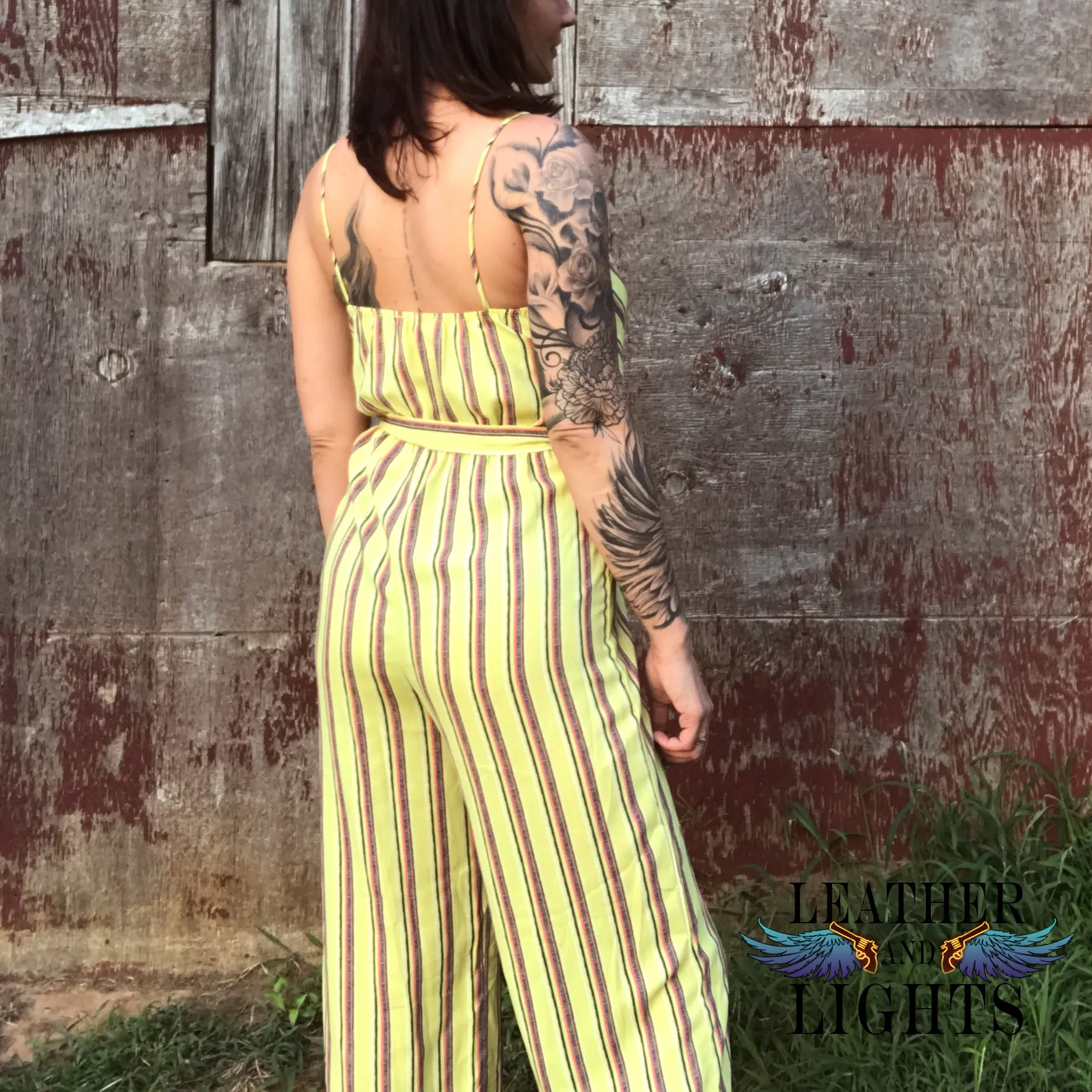 Mustard Striped Surplice Jumpsuit