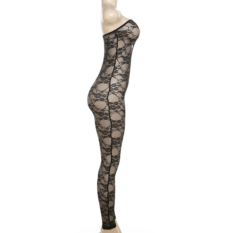 MX2101 Lace Plain Dyed Solid Jumpsuits For Women Strapless One Piece See Through Jumpsuit Activewear Jumpsuit
