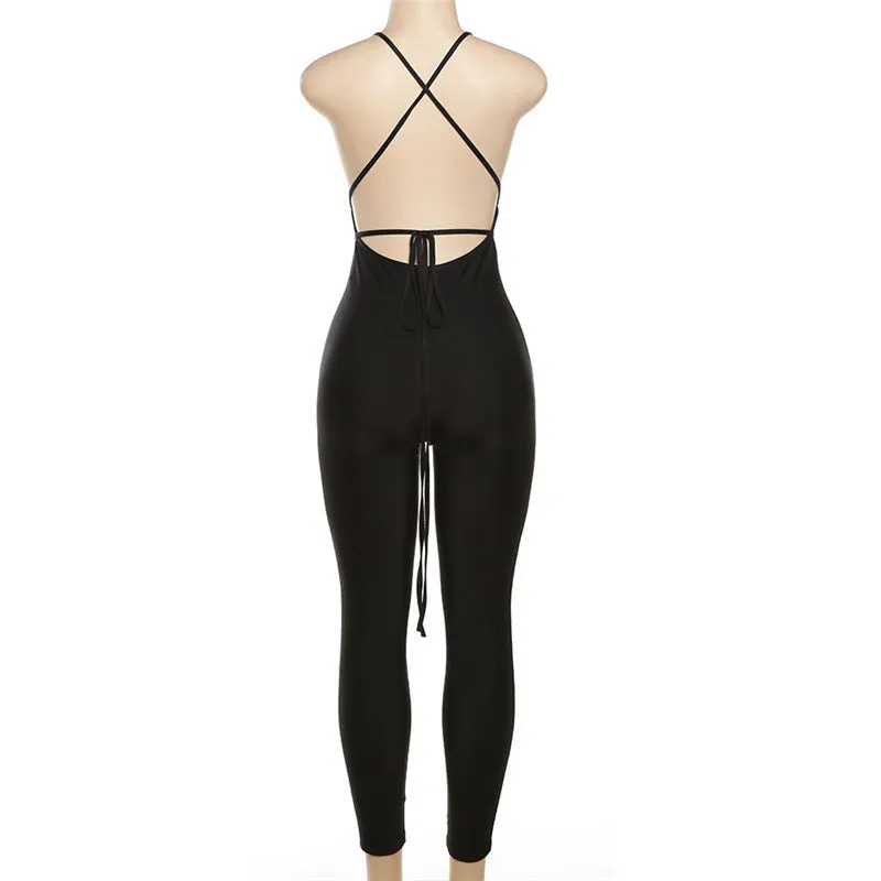 MX2102 Summer sleeveless cross bandage backless jumpsuit low cut bodycon sexy package hip one piece romper women
