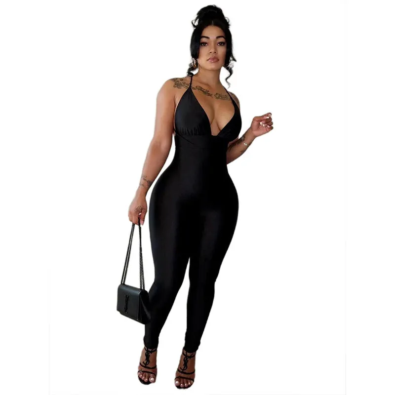 MX2102 Summer sleeveless cross bandage backless jumpsuit low cut bodycon sexy package hip one piece romper women
