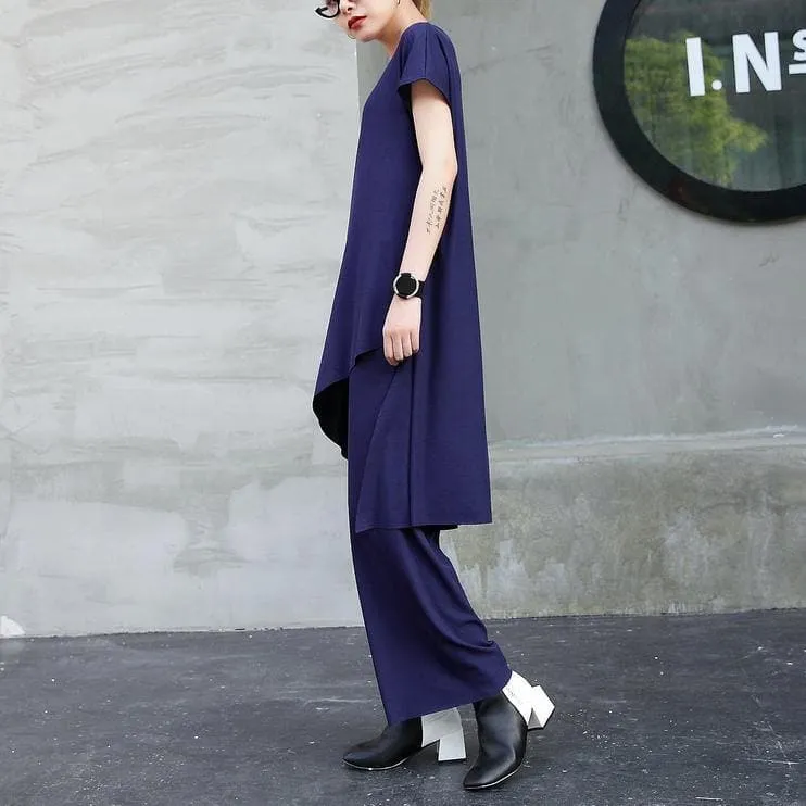 New fashion cotton two pieces casual asymmetric hem tops and elastic waist wide leg pants