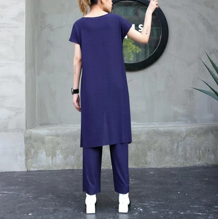 New fashion cotton two pieces casual asymmetric hem tops and elastic waist wide leg pants