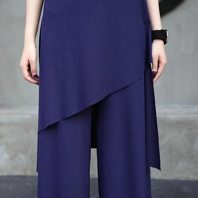 New fashion cotton two pieces casual asymmetric hem tops and elastic waist wide leg pants
