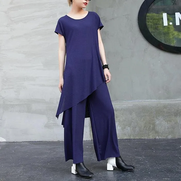 New fashion cotton two pieces casual asymmetric hem tops and elastic waist wide leg pants