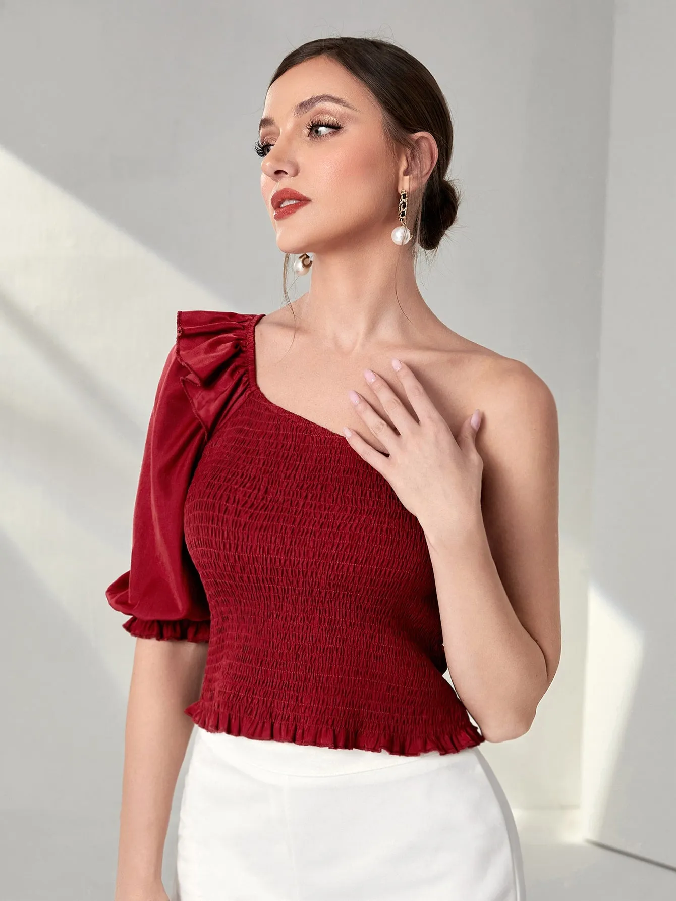 One Shoulder Ruffle Trim Shirred Blouse