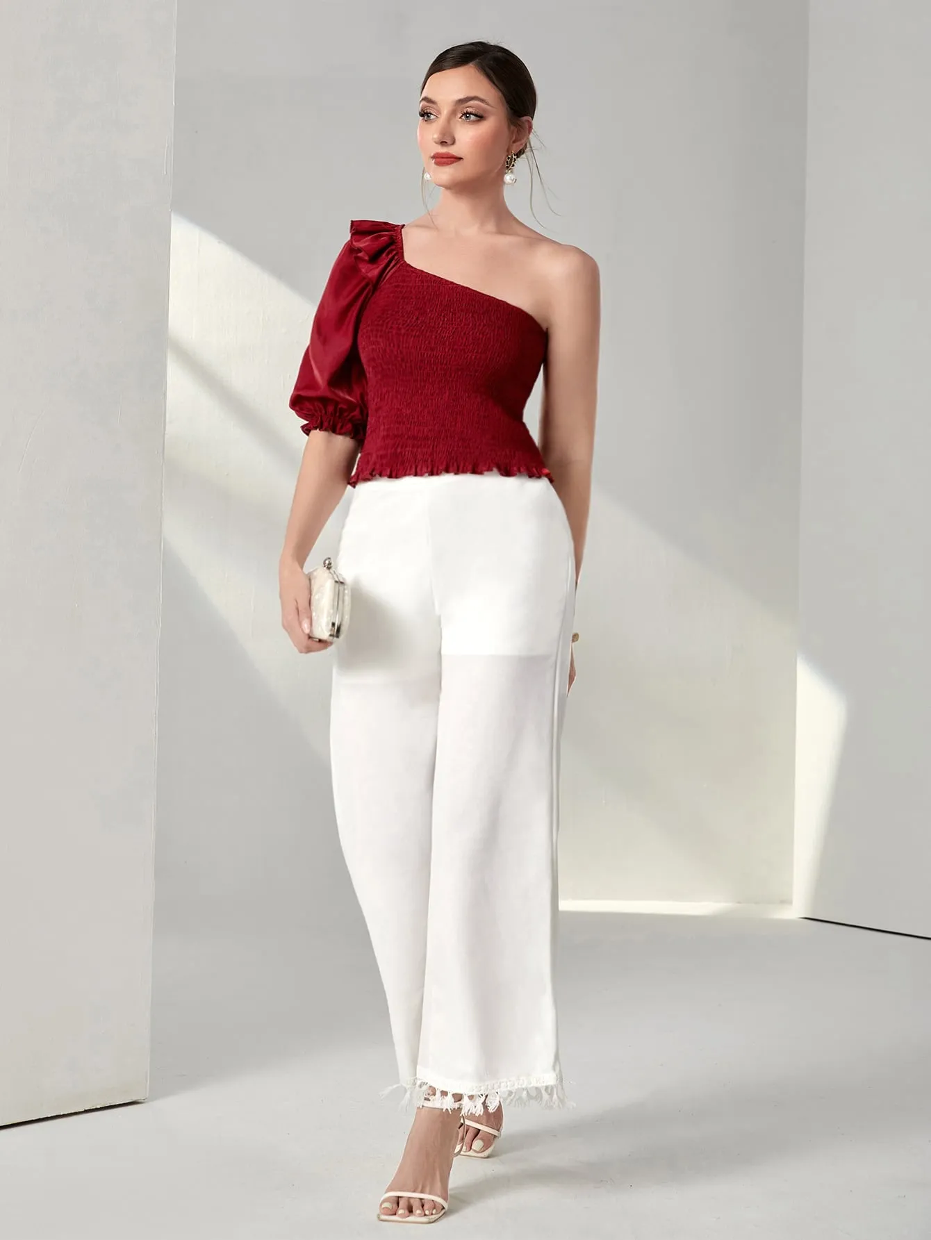 One Shoulder Ruffle Trim Shirred Blouse