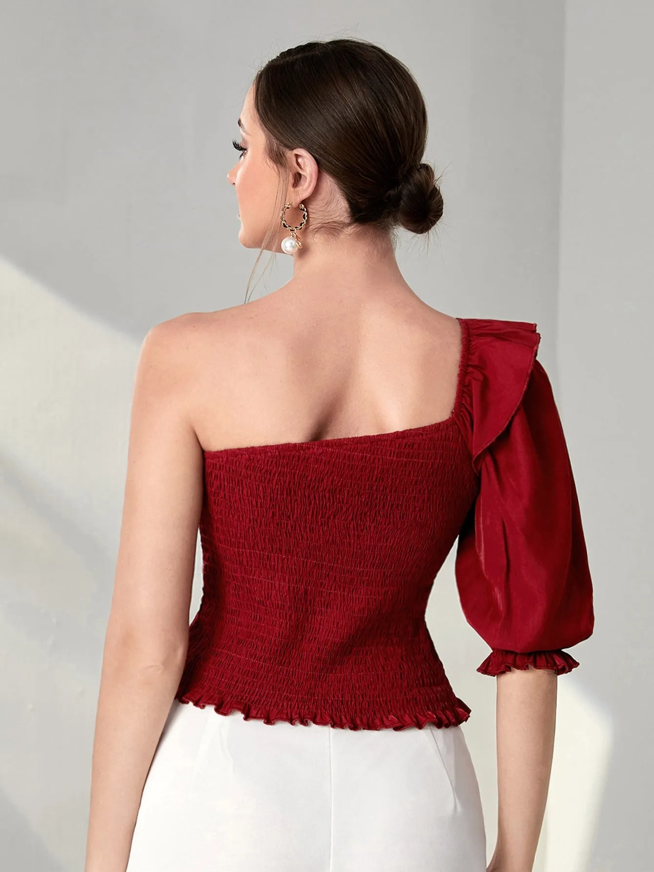 One Shoulder Ruffle Trim Shirred Blouse