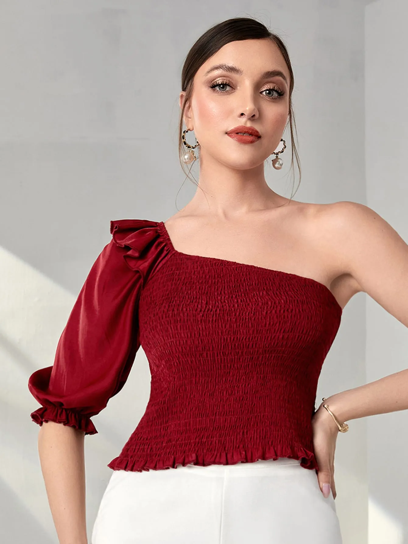 One Shoulder Ruffle Trim Shirred Blouse