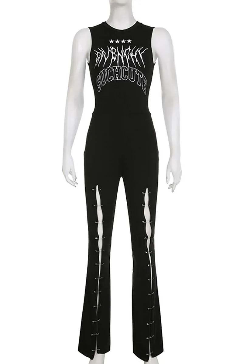 PC841 Graphic Crew Neck Sleeveless Split Jumpsuit