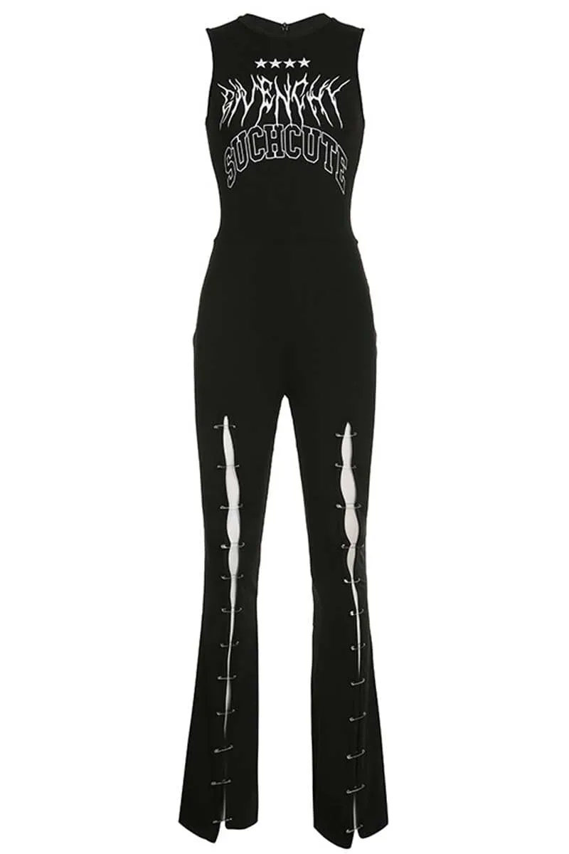 PC841 Graphic Crew Neck Sleeveless Split Jumpsuit