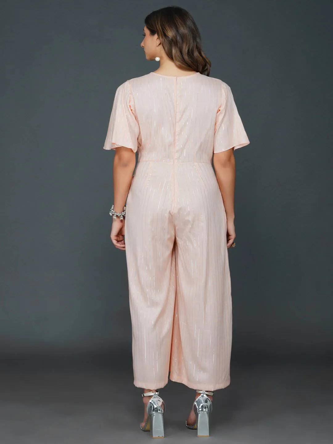 Peach Cotton Linen Lurex Jumpsuit