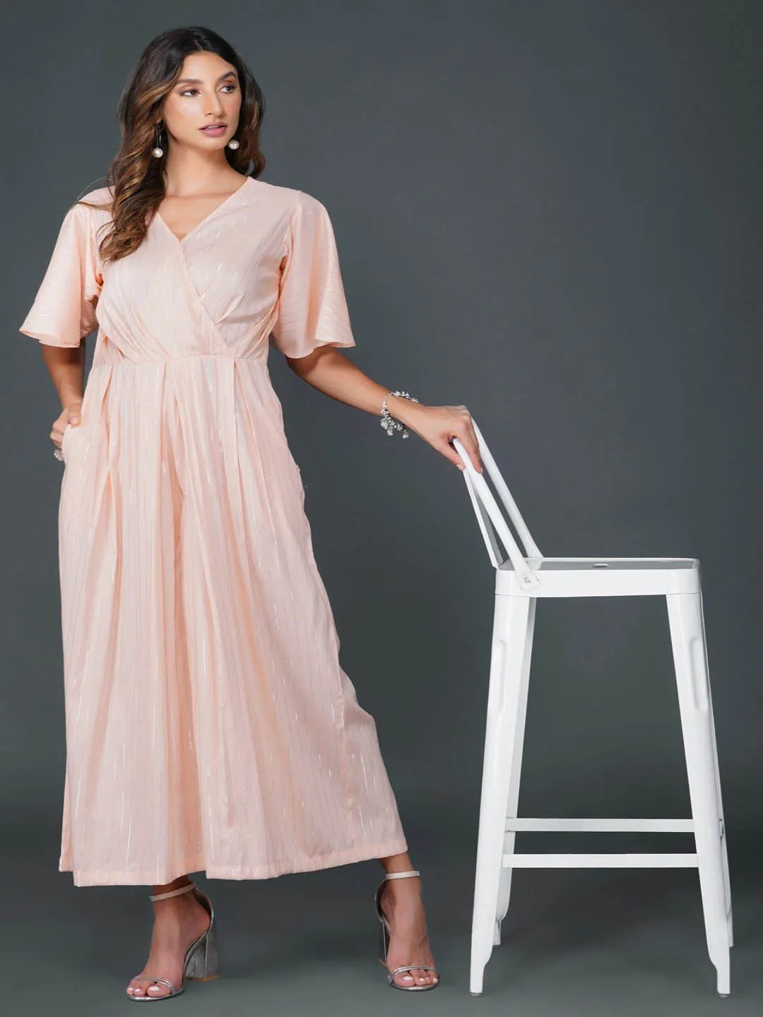 Peach Cotton Linen Lurex Jumpsuit