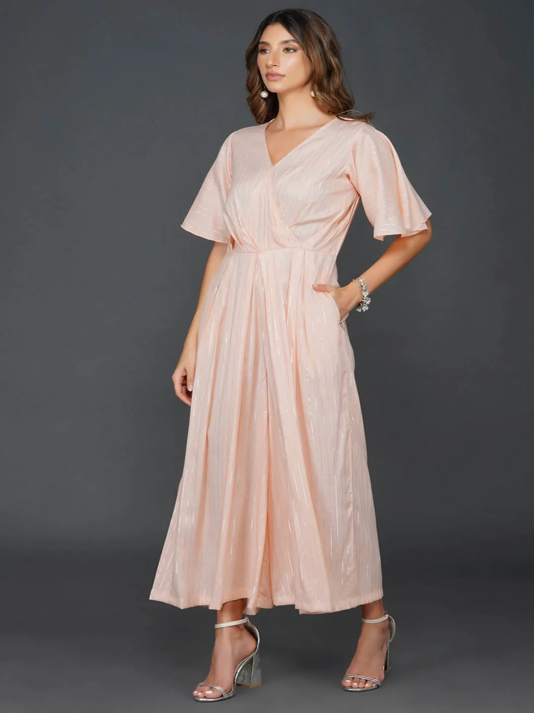 Peach Cotton Linen Lurex Jumpsuit
