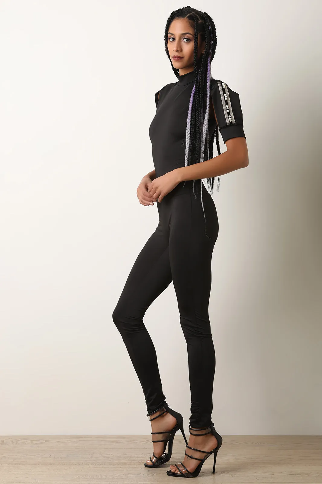 Pearl Trim Cutout Sleeve Catsuit Jumpsuit