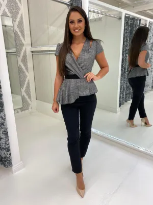 Peplum Tuxedo Style Black and Grey Jumpsuit
