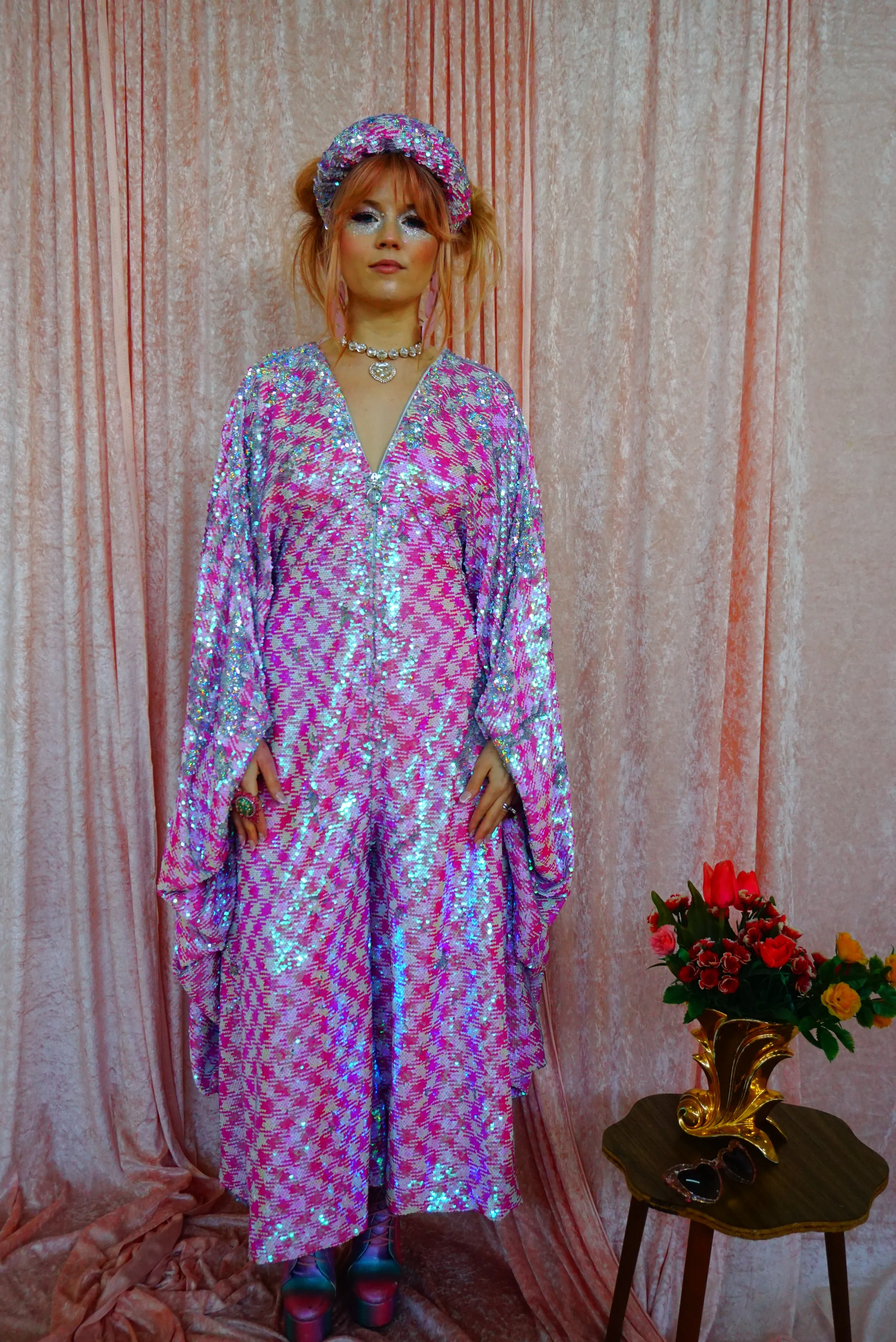 Pink & White Houndstooth Sequin Jumpsuit
