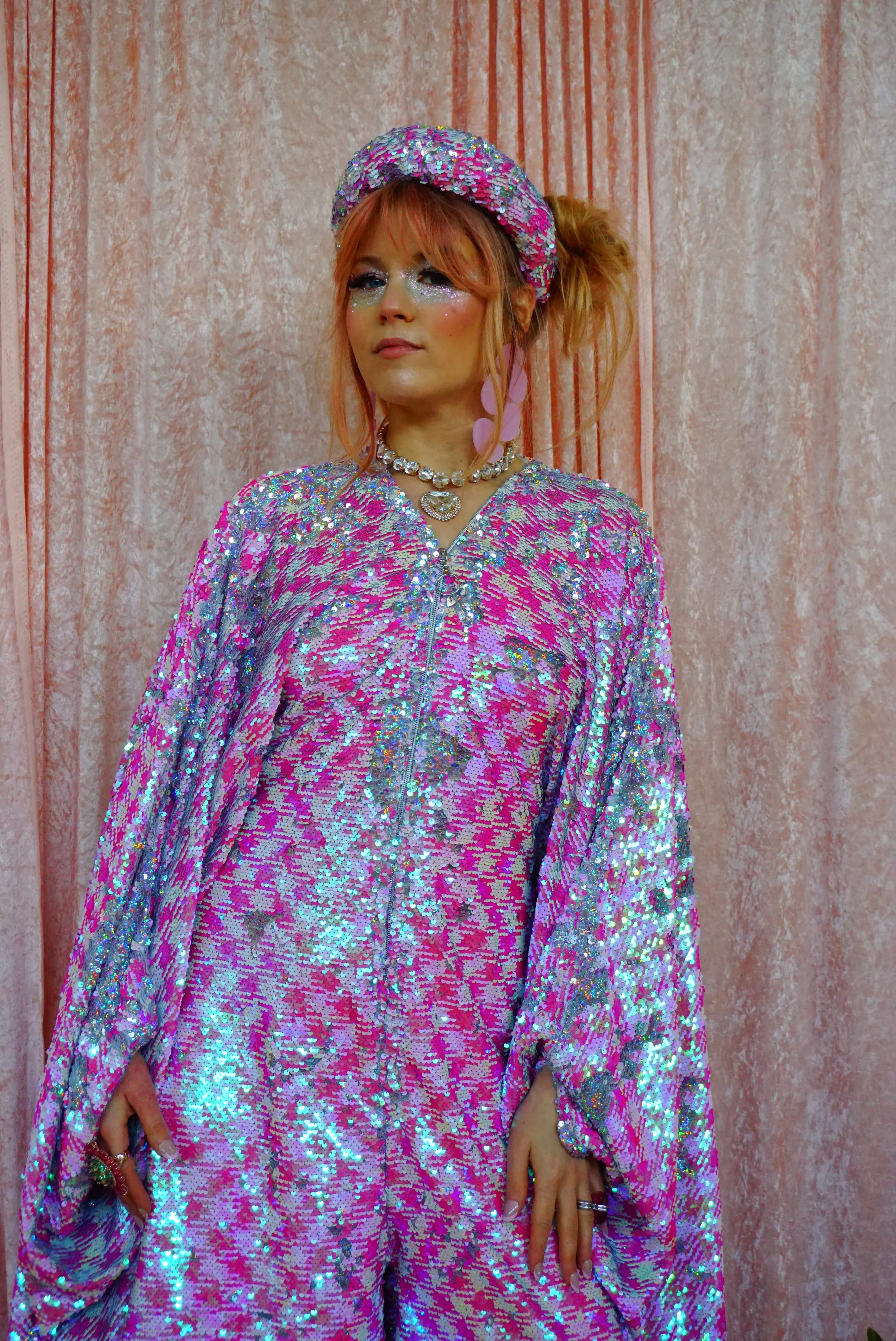 Pink & White Houndstooth Sequin Jumpsuit