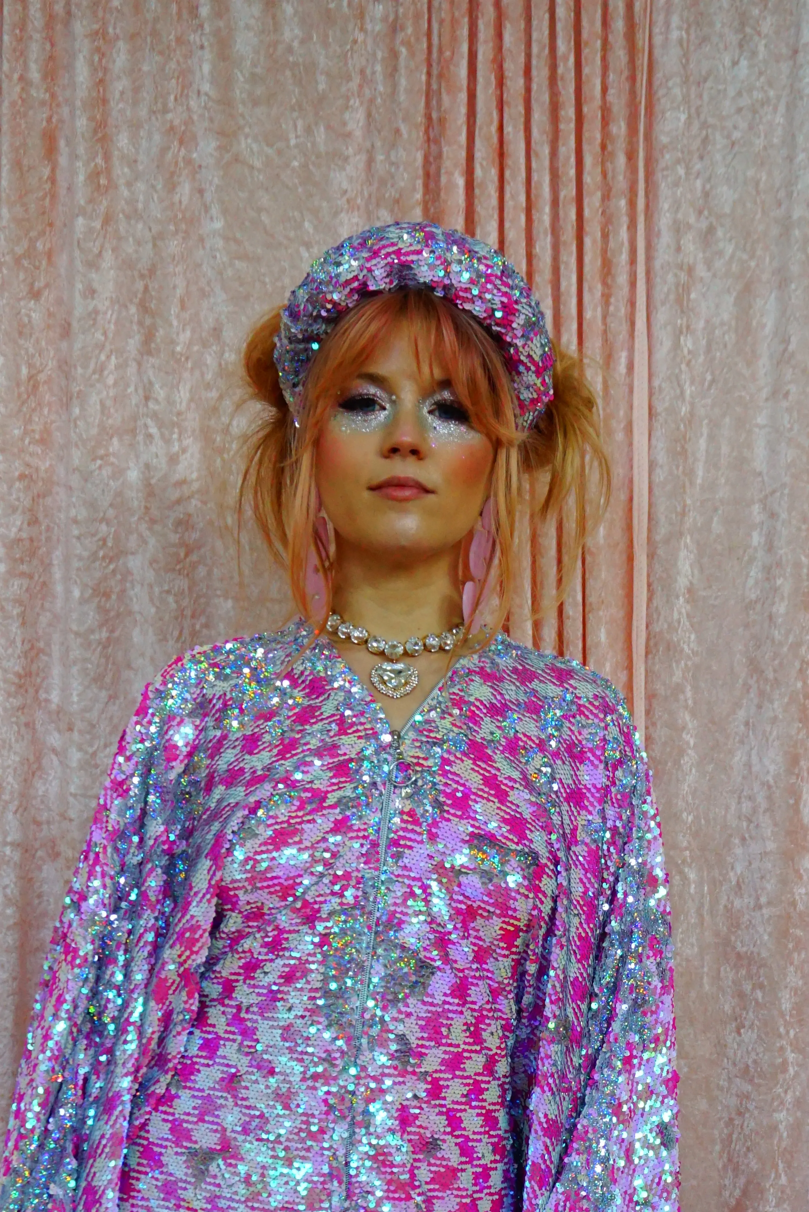Pink & White Houndstooth Sequin Jumpsuit