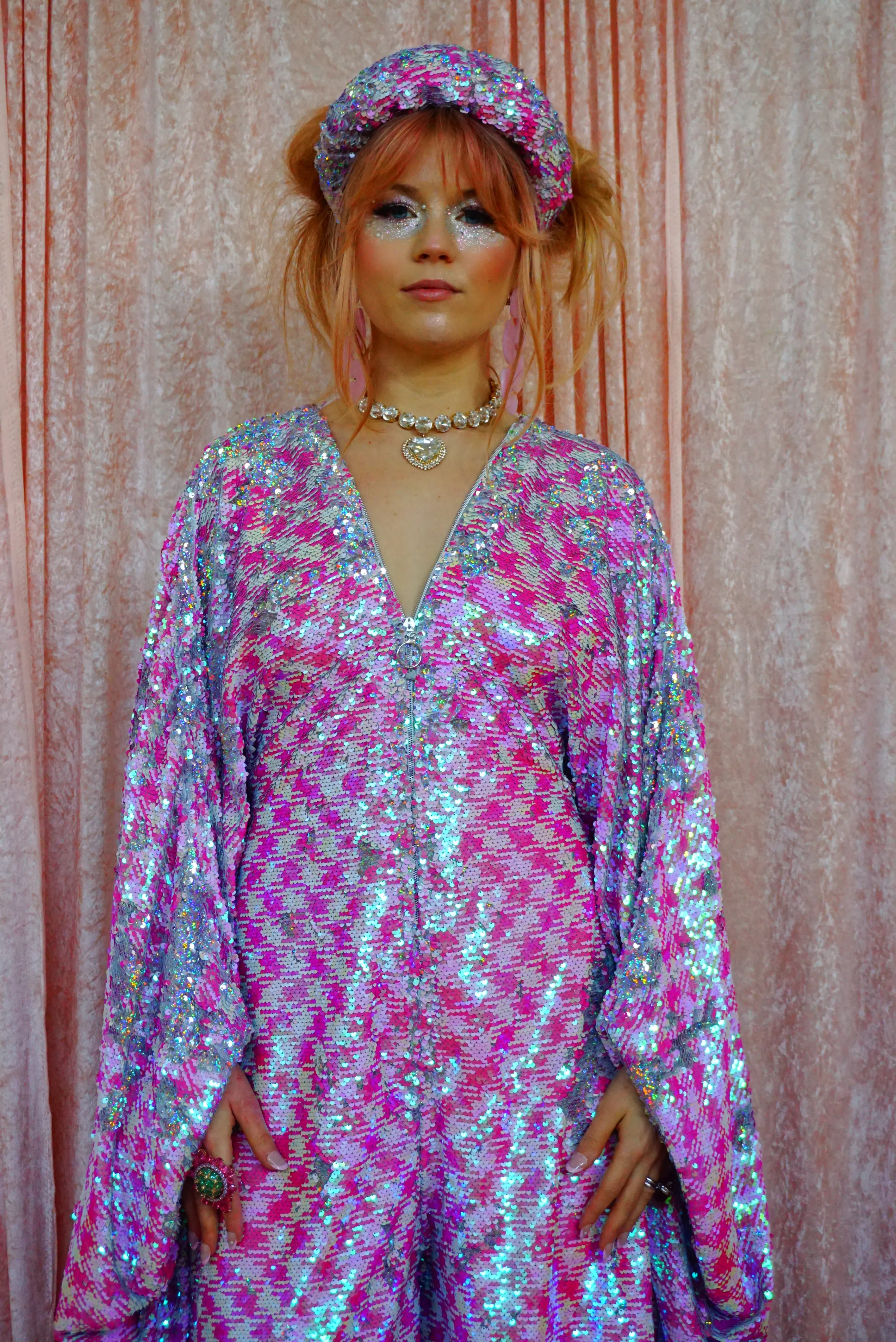 Pink & White Houndstooth Sequin Jumpsuit